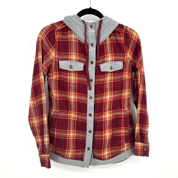 MARMOT Women's Red Yellow Plaid Long Sleeve Flannel Button Up Hoodie Top Size XS - Picture 1 of 8